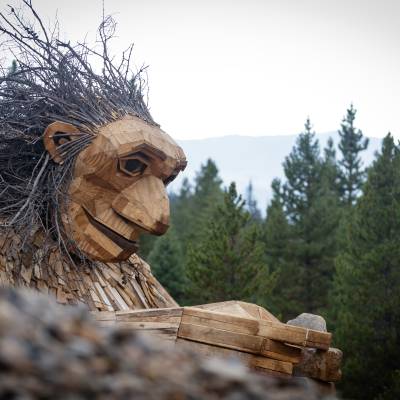 Isak Heartstone by artist Thomas Dambo is 15-foot tall wooden troll sculpture that is easily accessible from downtown Breckenridge