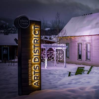 The Breckenridge Arts District in historic downtown Breckenridge covered in snow