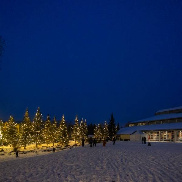 The Riverwalk Center at night in Breckenridge