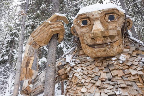 Isak Heartstone, the Breckenridge troll sculpture created from recycled materials by artist Thomas Dambo, with a light dusting of snow.