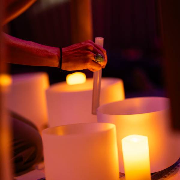 Crystal bowls are played during Sonic Meditation, led by Meta Yoga Studios