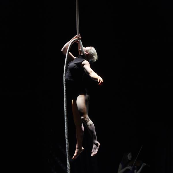 Circa contemporary circus company. Shown here a female aerial artist performing suspended with ropes.