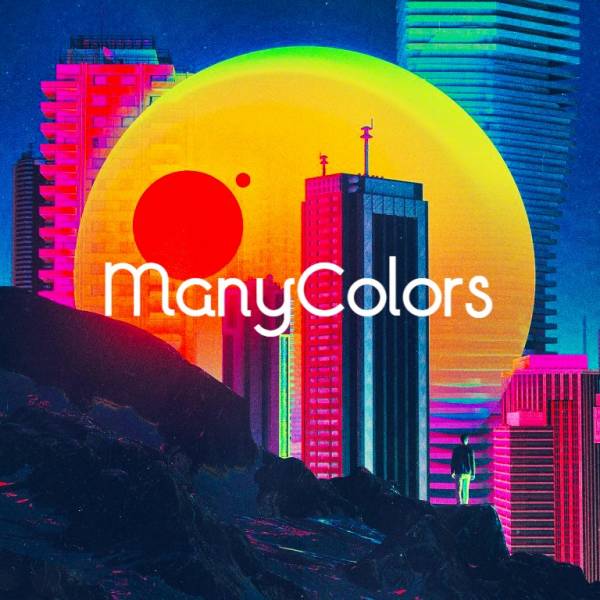 Musical band ManyColors logo featuring a cityscape with a dopamine color palette