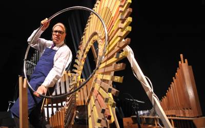 Percussionist and composter Stephen Schick with the Schick Machine